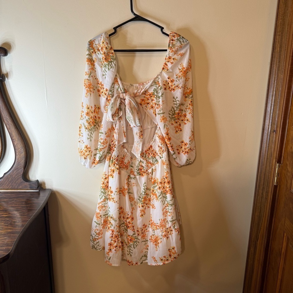 Orange and White Floral Scoop Neck Sundress